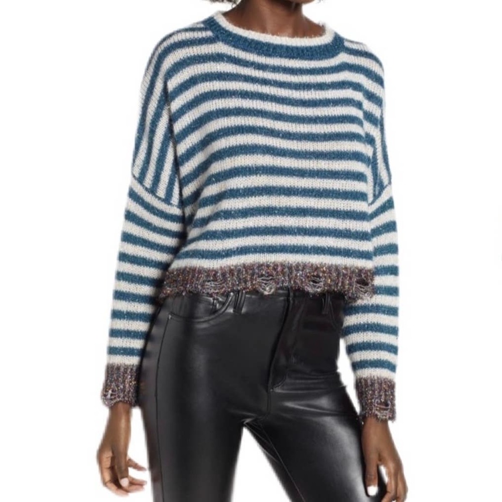 PRIMA | Green White Tinsel Oversized Cropped Sweater Size Extra Small XS B09